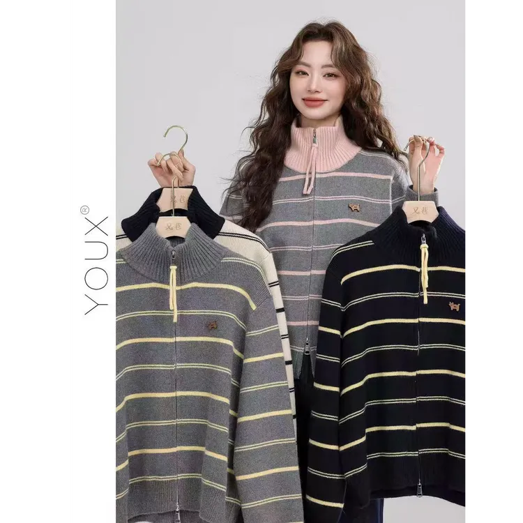 高领双拉链撞色条纹宽松刺绣小狗减龄针织开衫秋冬韩版学院风上衣