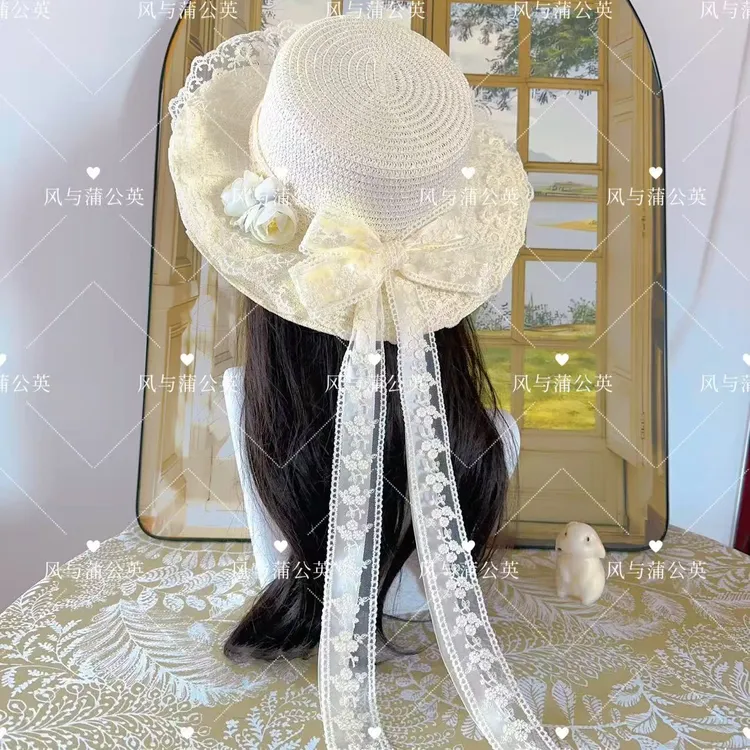 原创小清晰女平顶蕾丝花边夏季蕾丝草帽帽子百搭沙滩帽草编洋气