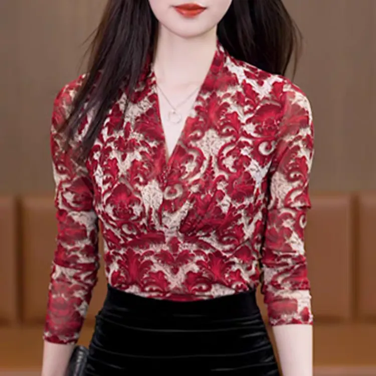 春季新款时尚气质印花打底衫女V领网纱上衣长袖t恤遮肚子显瘦上衣