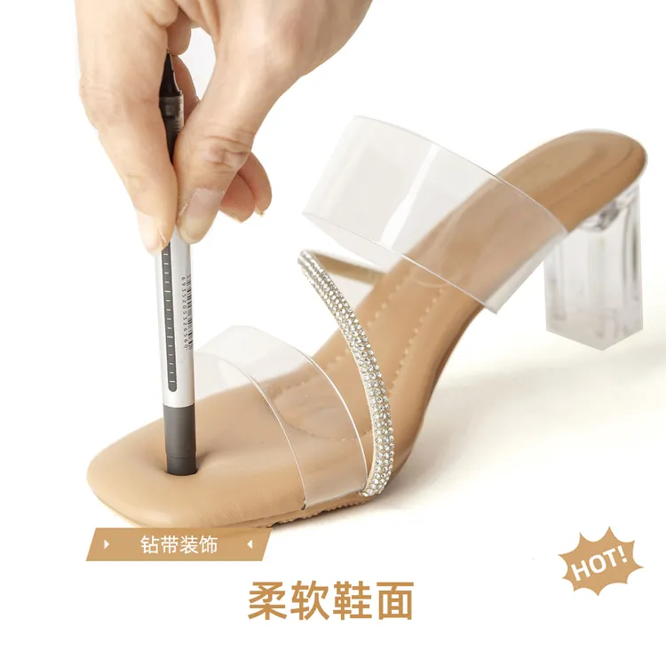 透明凉鞋女配裙子夏季水晶跟透气户外舒适粗跟一字带拖鞋凉拖鞋女