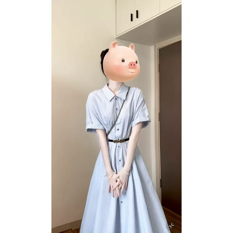 大码【清冷冰岛蓝】艺术条纹层次感衬衫裙夏季新款法式气质长连衣裙