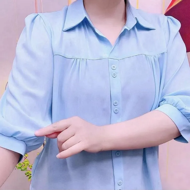 夏季薄款七分袖纯色套头雪纺上衣洋气显瘦百搭气质时尚小衫女士