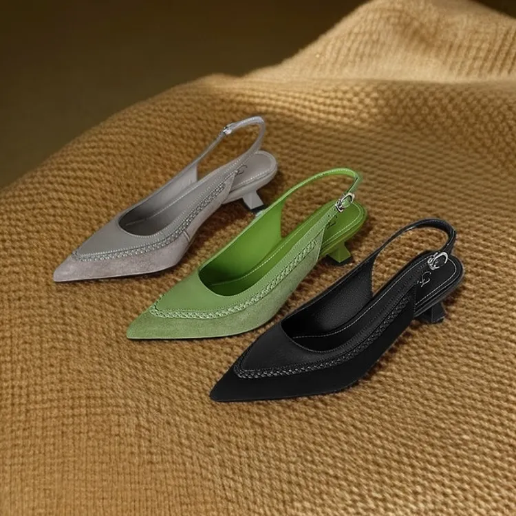 XFX【跟4.5CM】夏季法式软羊皮尖头细跟低跟真皮包头凉鞋后空单鞋02