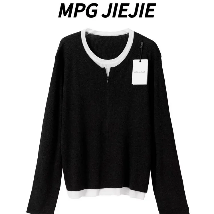 MPG JIEJIE【黄昏线】大码早秋黑白拼领口拉链设计毛衣
