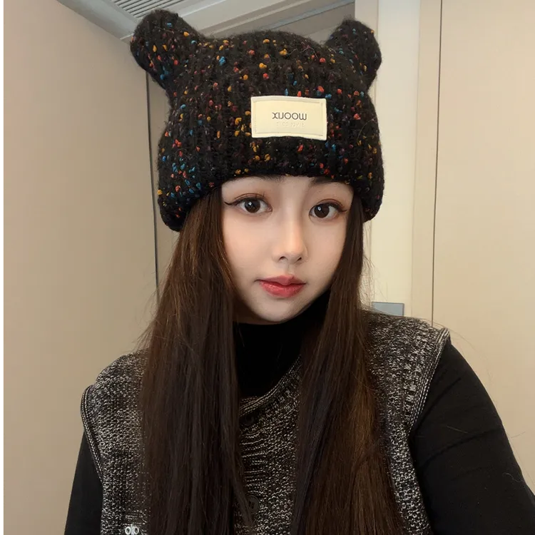 减龄款-针织帽女秋冬保暖护耳毛线帽帽大头显脸小毛绒包头冷帽