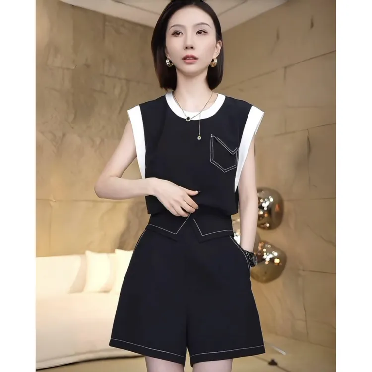 B【两件套】今年流行的夏装套装女2025新款无袖上衣短裤两件套D1902