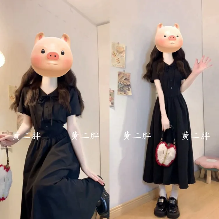 法式温柔风娃娃领衬衫连衣裙女千金赫本风收腰显瘦A字长裙2025夏