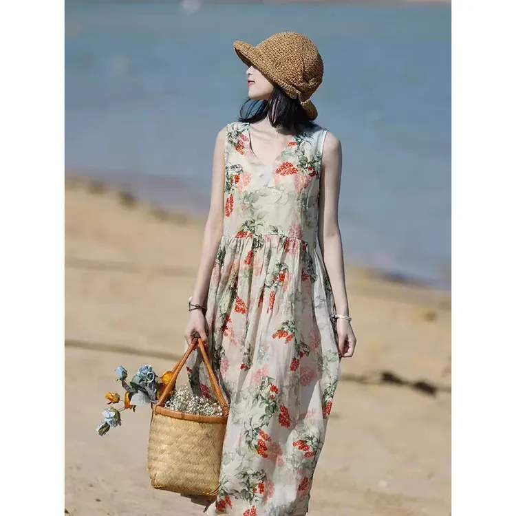 门店39&9！西西里背心裙」夏日文艺风轻薄透气无袖连衣裙女 D40111