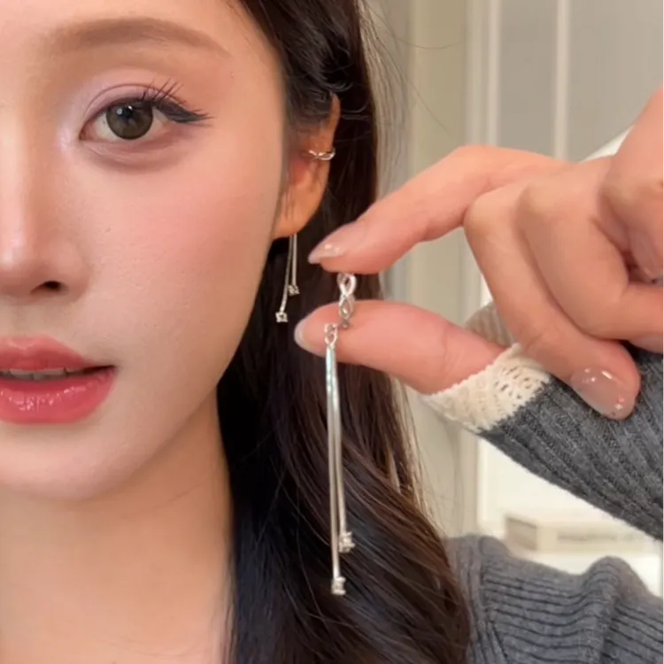 铜合金合成锆石耳饰 冷淡辣妹风链条流苏耳饰显脸瘦无耳洞耳夹女