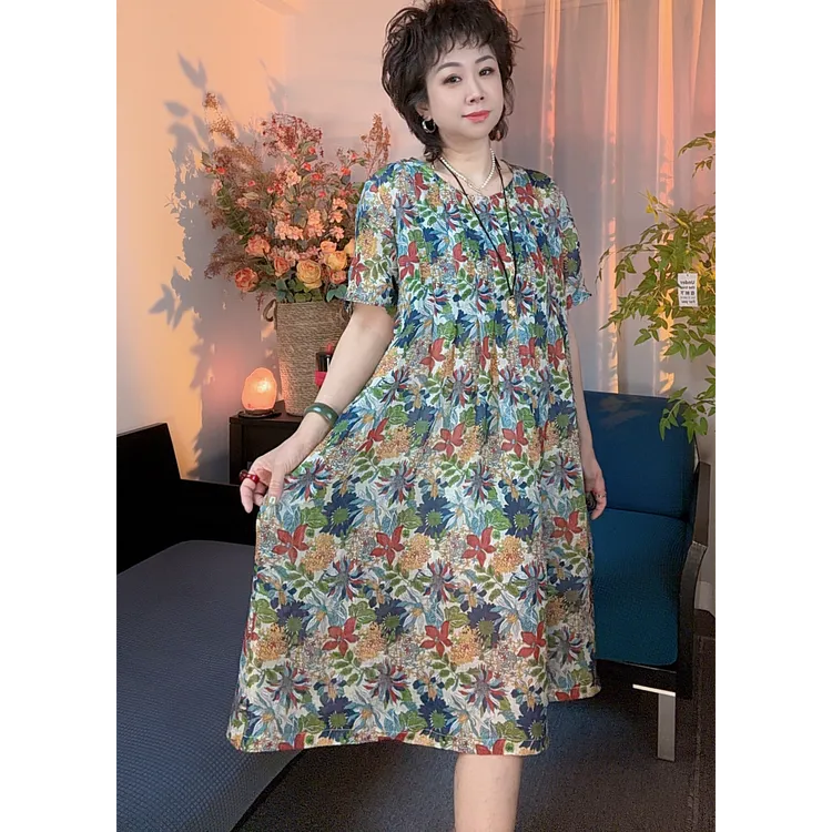 苎麻印花百褶中长裙
