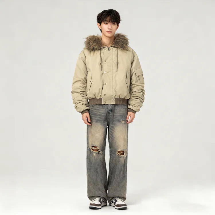 欧美复古户外运动宽松潮流时尚毛领棉服外套短款中性连帽棉衣卡其
