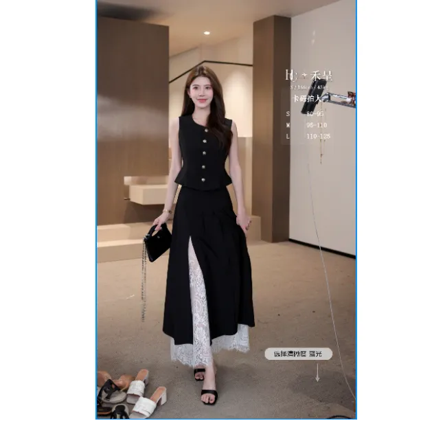 【禾呈】时尚设计感无袖圆领上衣+显瘦百褶半身裙10440