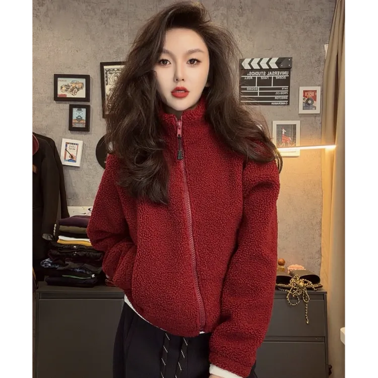 时尚立领加厚羊羔绒外套女2025秋冬新款修身显瘦保暖拉链开衫上衣