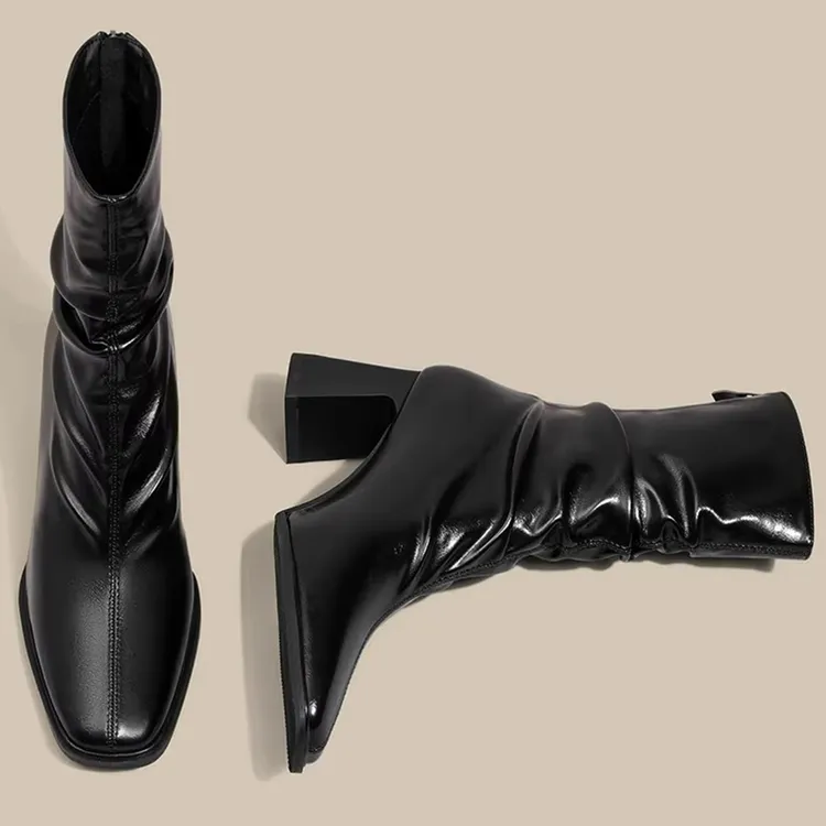 爆款网红黑色堆堆短靴女高跟2026秋冬新款单靴法式软皮显脚瘦瘦靴