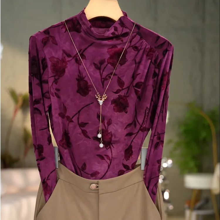 434#打底衫女款2025新款打底内搭单层不透贵气植绒网纱长袖上衣