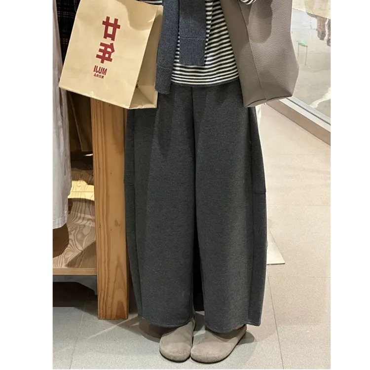 灰色弯刀奶皮裤女秋款小个子糯米镰刀裤休闲大码胖mm九分阔腿裤子