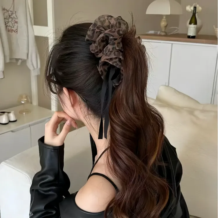 韩式甜美豹纹多层网纱发夹2025新款气质法夏日磨砂大号发抓
