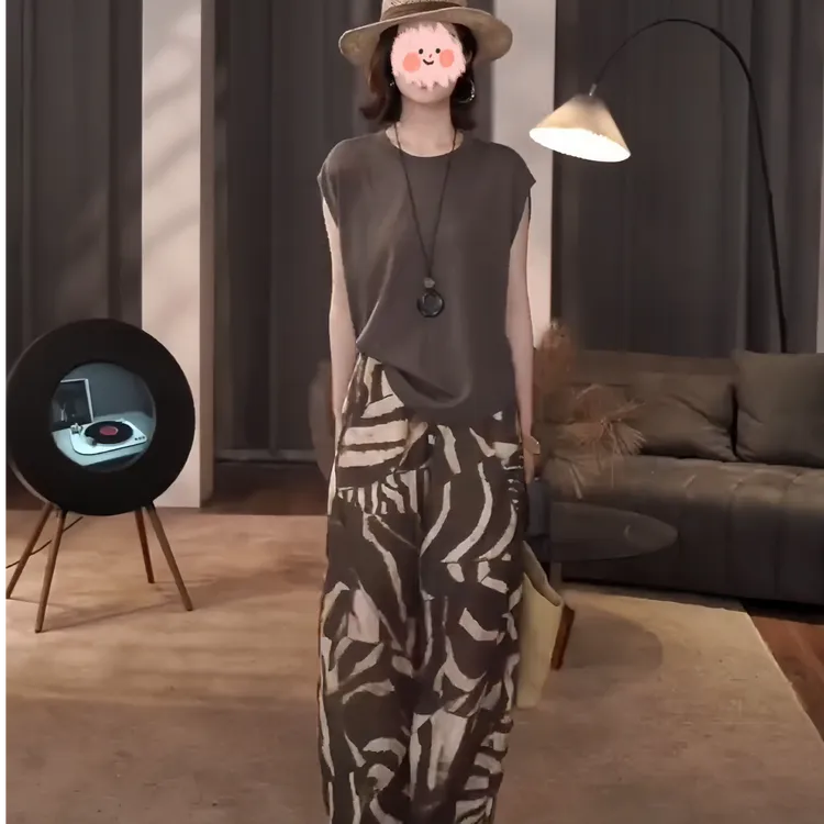 2025夏度假套装修身小飞袖圆领上衣宽松百搭空气感花色长裤两件套