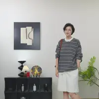 【U.M】织物圆领条纹细支绵羊毛棉纱中空混纺条纹落肩针织