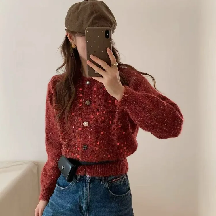 重工亮片针织开衫女秋冬季新款女小香风上衣时尚百搭宽松毛衣外套