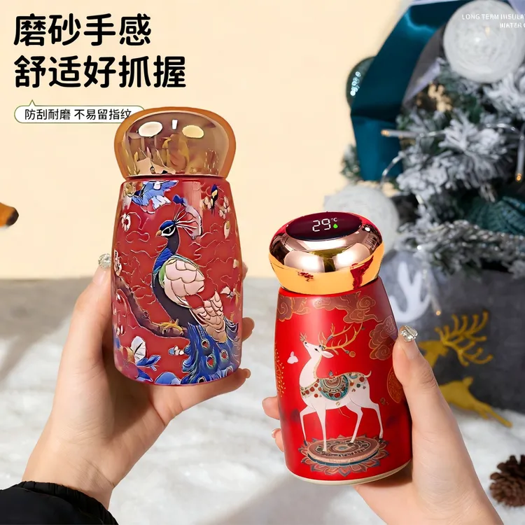 手绘喜庆风孔雀迷你显温316不锈钢保温杯高颜值女士专用泡茶水杯