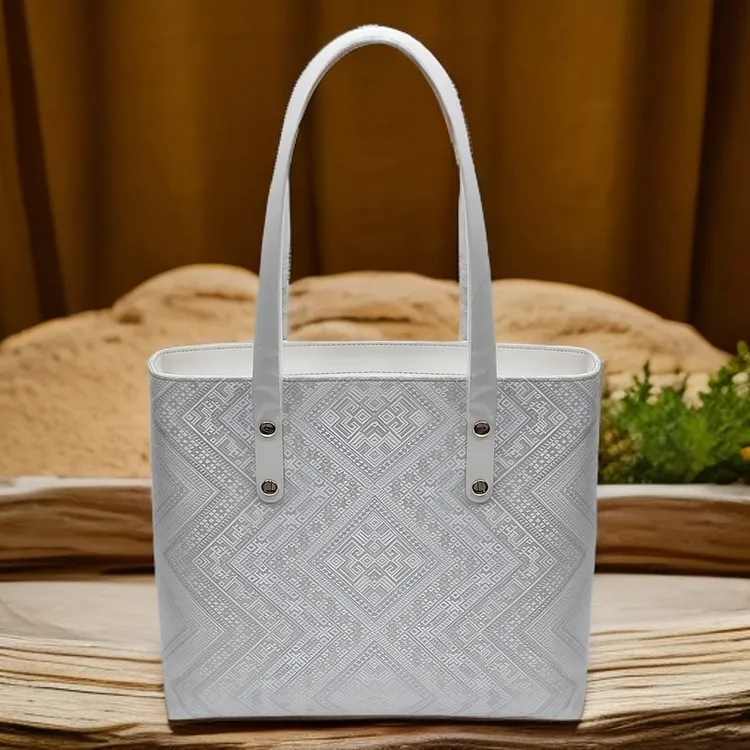 广西壮锦素白几何纹大托特包