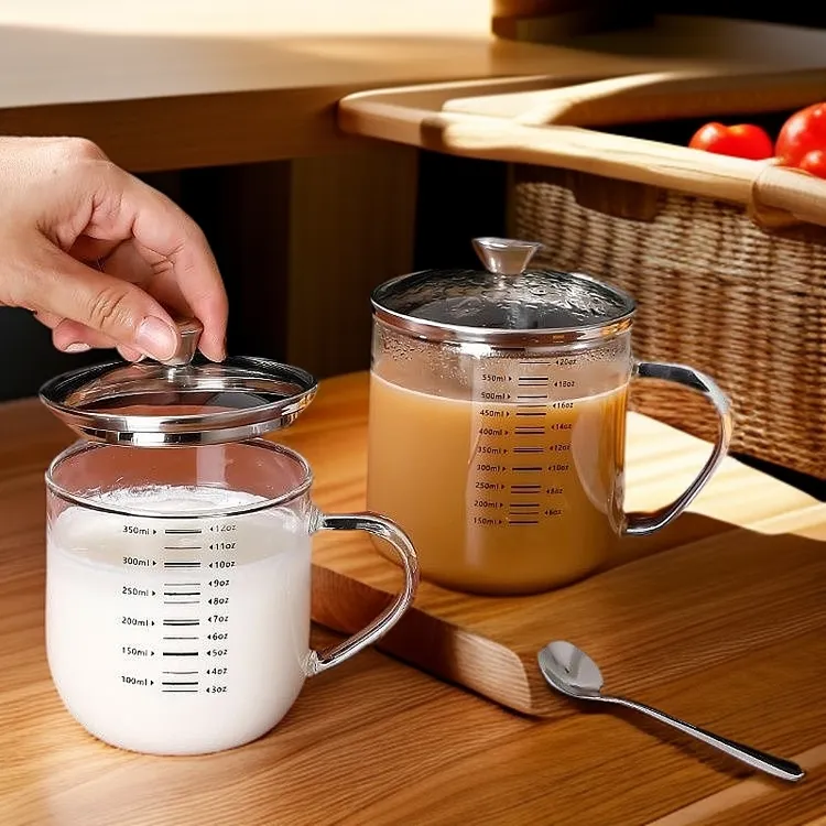 高硼硅刻度玻璃杯耐高温带把手喝水杯早餐燕麦杯牛奶杯带盖泡茶杯