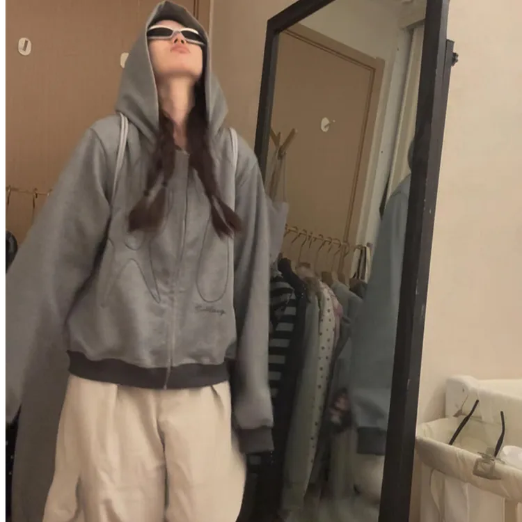 美式高街松弛感灰色刺绣连帽卫衣女春秋原宿风气质百搭宽松外套潮