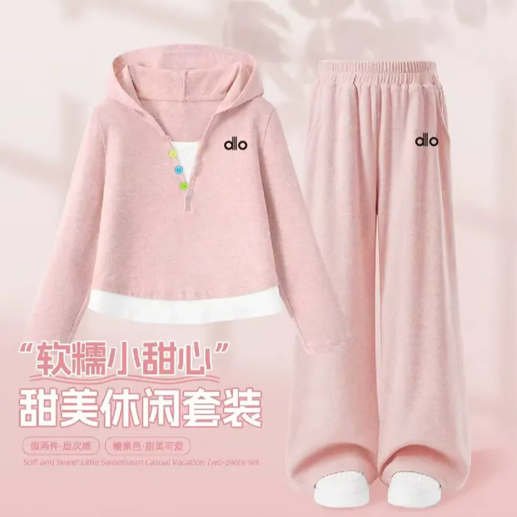 女童秋冬加绒新款套装洋气女宝宝连帽假两件上衣字母休闲裤两件套