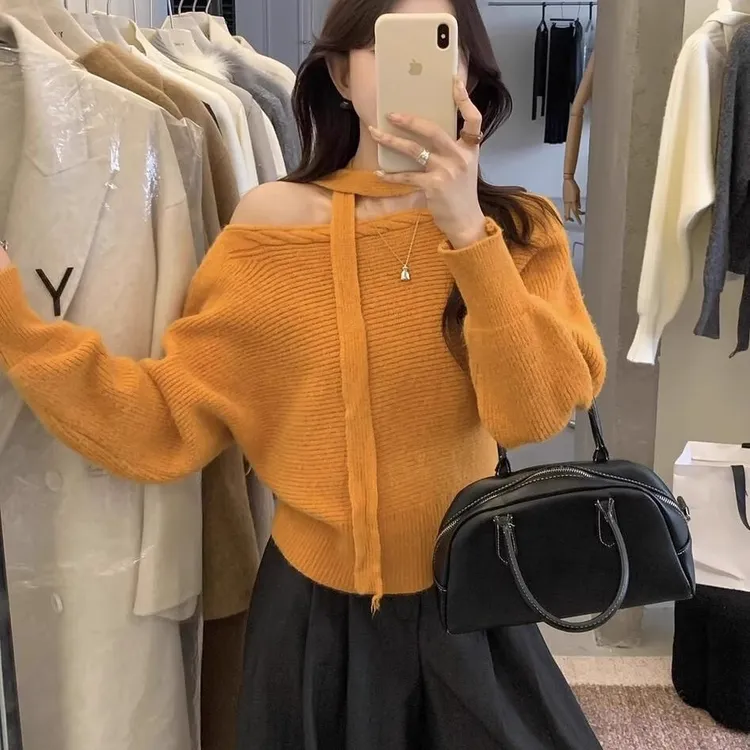 韩系氛围感穿搭一字肩毛衣针织衫女秋冬宽松慵懒风设计感露肩上衣