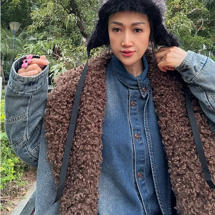 2025冬宽松时尚欧货胖mm洋气翻领毛领大码牛仔加棉保暖外套8595