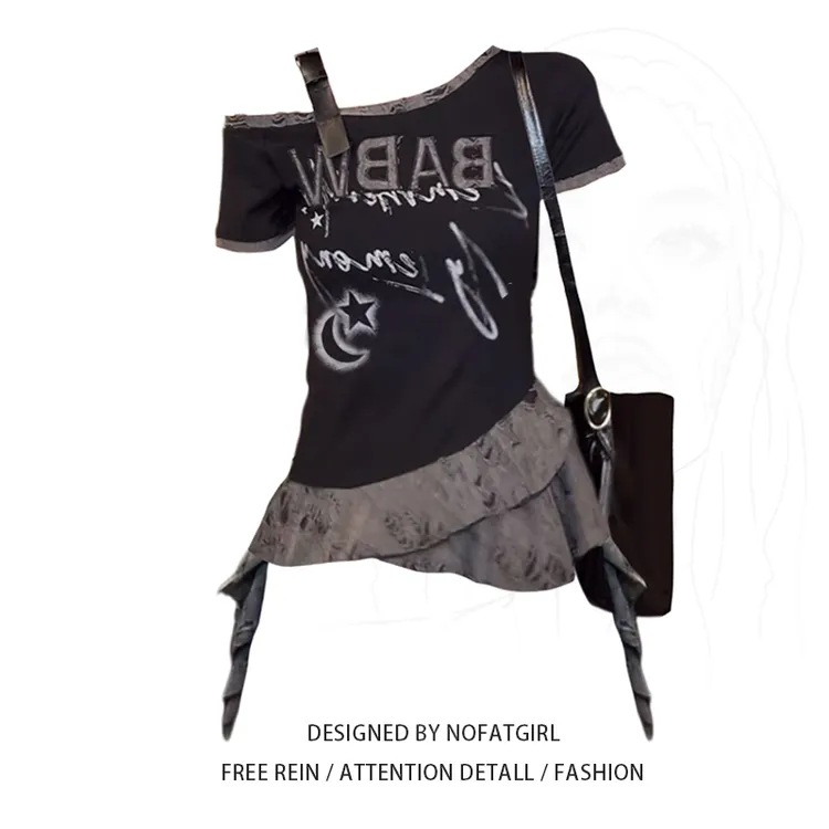 大码胖MM甜酷辣妹黑色字母印花飘带短袖t恤女夏季设计感小众上衣