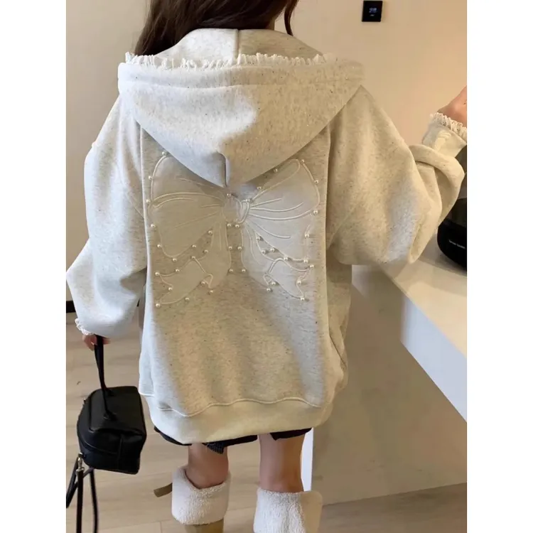 重工刺绣蝴蝶结蕾丝拼接卫衣女欧货别致独特漂亮加绒连帽开衫外套