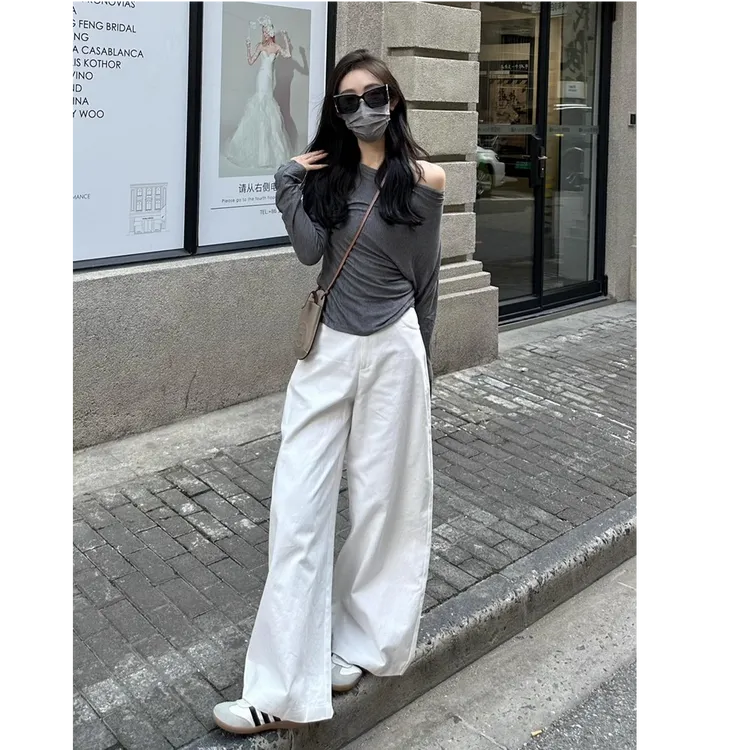 白色美式水洗牛仔裤阔腿裤女高腰宽松垂感拖地直筒裤夏季薄款裤子