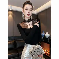 XS#蕾丝拼接修身显瘦打底衫冬季新款时尚T恤长袖上衣DY11408HH