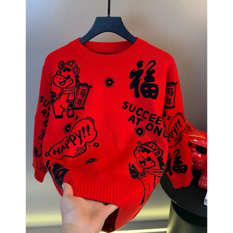 高档马年红色毛衣男士新款冬季时尚印花洋气本命年针织衫潮流打底