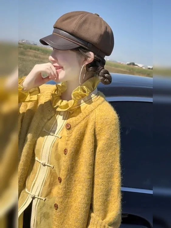早秋慵懒风韩系氛围感衬衫黄色长袖上衣女士针织开衫时尚两件套装