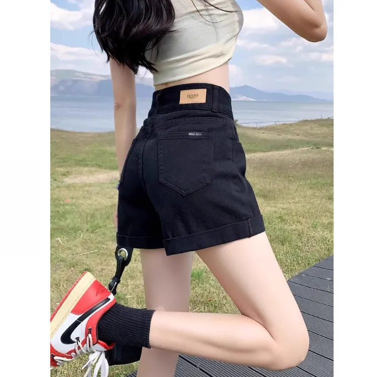 梨形身材黑色牛仔短裤女装夏季高腰百搭弹力遮胯显瘦a字阔腿热裤