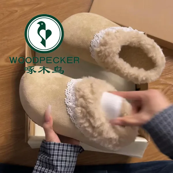 啄木鸟复古花边厚底加绒勃肯鞋女2026年新款冬季百搭保毛毛棉鞋子