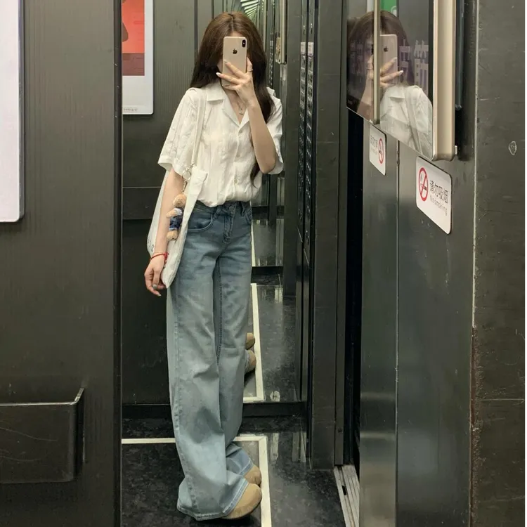 宽松短袖古巴领衬衫女夏法式复古休闲上衣搭配休闲牛仔裤小众套装