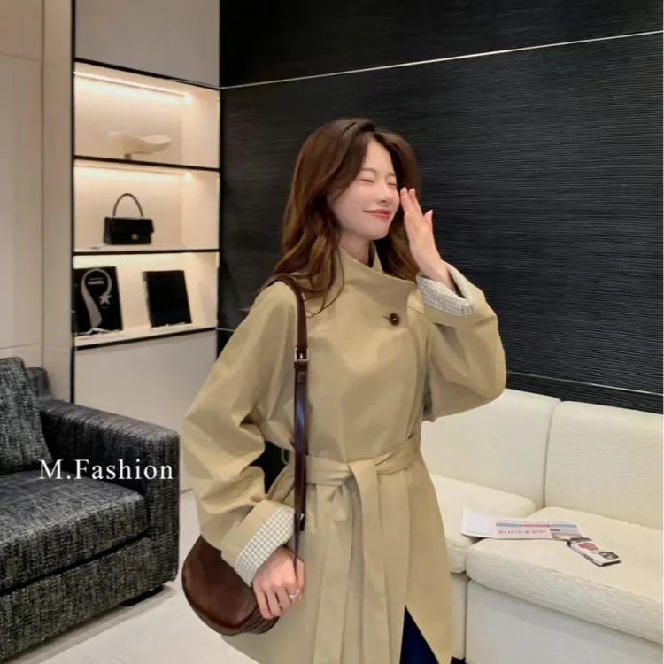 中长款风衣女春季新款廓形卡其色气质小个子韩版一粒扣外套2551