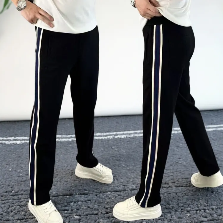 条纹织带休闲裤男秋冬款裤子松紧腰韩系简约直筒裤男士宽松阔腿裤