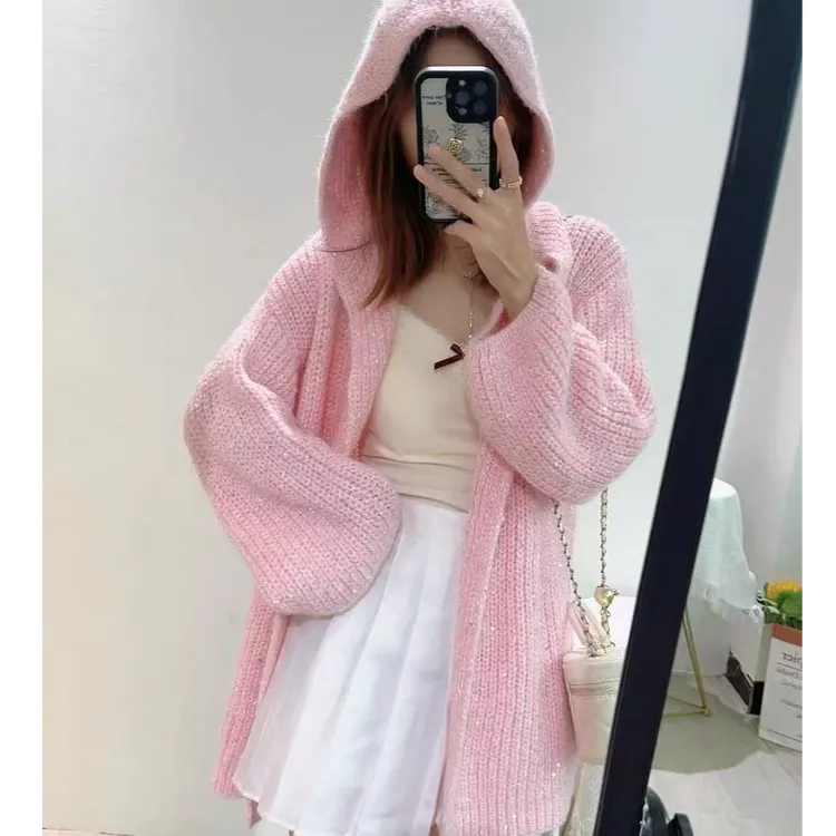韩系高级感连帽亮丝慵懒风毛衣开衫女秋冬时尚简约洋气针织衫外套