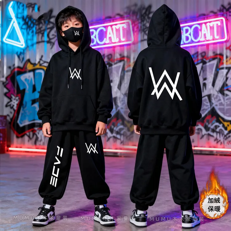 潮牌嘉豪战衣艾伦沃克加绒保暖连帽卫衣外套秋冬装男童中大童套装