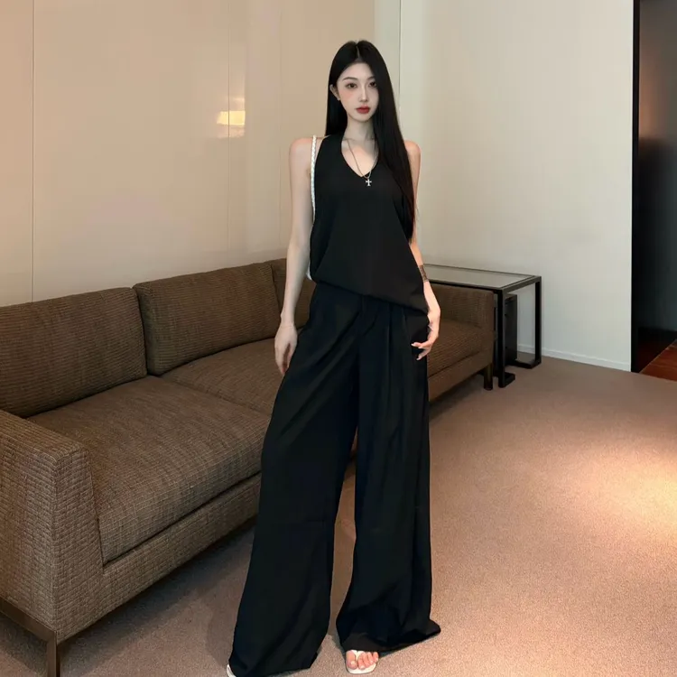 甜酷辣妹套装女露背挂脖背心夏季高腰阔腿裤黑色长裤子气质两件套