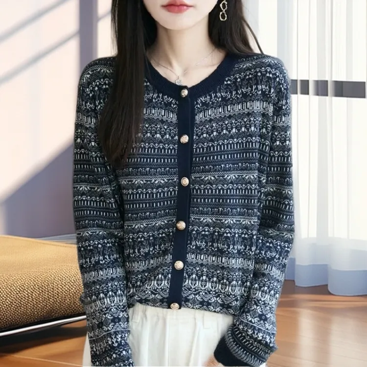 【雅岚女装】秋冬复古圆领条纹开衫毛衣费尔岛提花混纺宽松针织外套