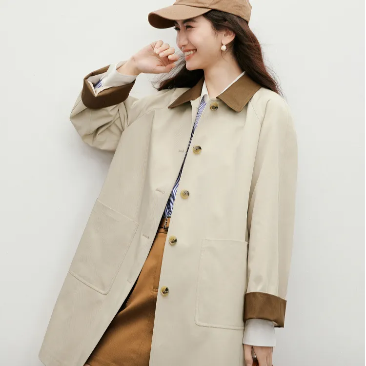 日系卡其风衣秋2025新款女装巴恩松弛感显瘦撞色翻领中长外套