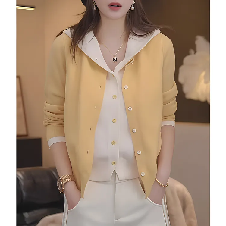 【80-160斤】韩版连帽假两件毛衣女2025早春新款撞色气质针织衫上衣