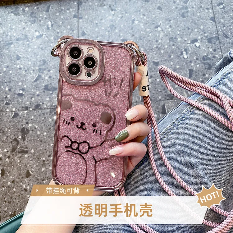 适用苹果手机壳透明闪粉电镀斜挎自带挂绳可背网红女款创意高级感