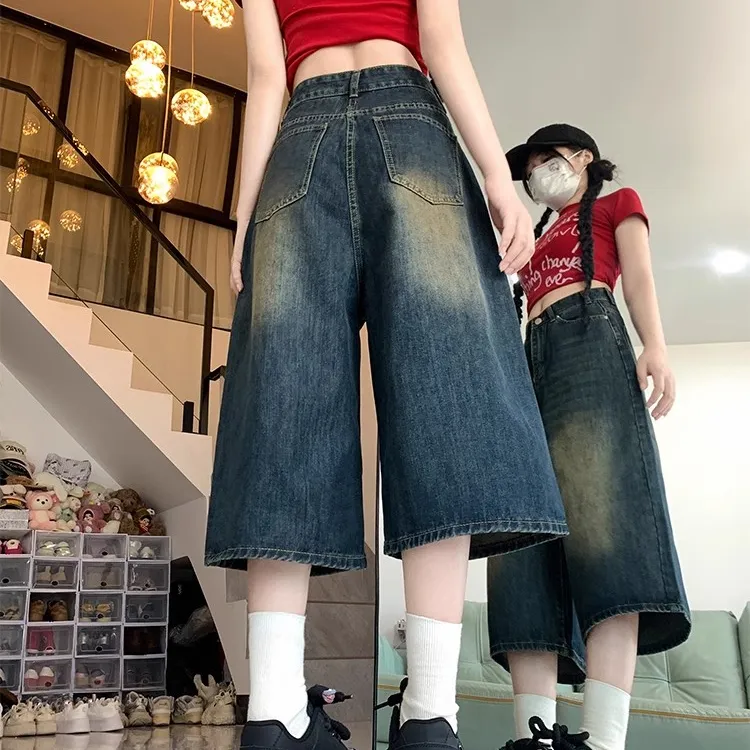 2025新款怀旧蓝七分牛仔中裤女夏季复古美式宽松显瘦高腰阔腿裤
